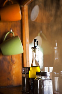 Kitchen window in an airport bus converted to a guest room at a bed and breakfast in Ezuz, Israel.