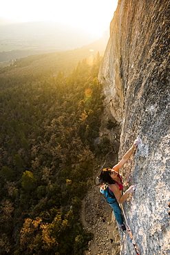 Professional climber Barbara Raudner climbing El Gran Blau 8b+/c in Oliana, Spain.