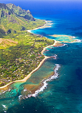 Haena and Tunnels Reef from the air, Kauai.