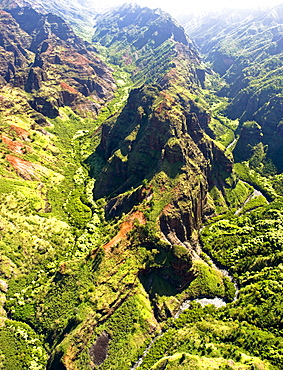 Aerial view into Koke'e formations, Kauai.