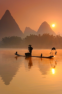 Chinese fisherman fishing in Li Jang River with cormorant birds, Guilin