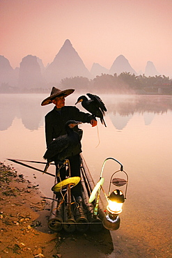 Chinese fisherman fishing in Li Jang River with cormorant birds, Guilin, China