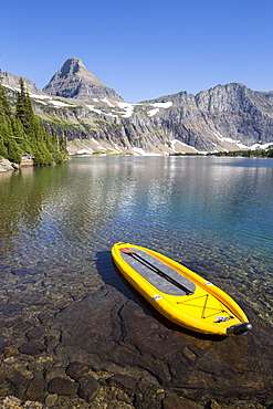 An inflatable stand up paddle board (SUP) at Hidden Lake in Glacier National Park.