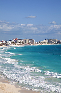 A portion of Hotel Row, with turquoise sea, Cancun, Quintana Roo, Yucatan, Mexico.