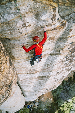 A climber leading "Revoked" (5.5) in Red Rock Canyon, Nevada