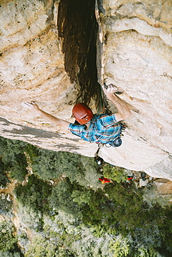 A climber leading "Revoked" (5.5) in Red Rock Canyon, Nevada