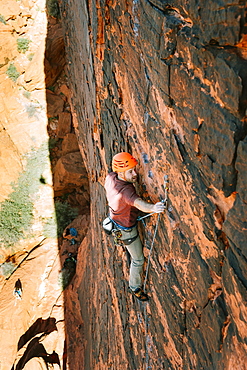 A climber leading "Brief Encounter" (5.8) on Panty Wall in Red Rock Canyon, Nevada