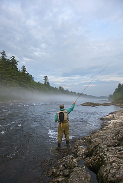 Rear View Of A Fly Fisherman Fishing At Kennebec River, Maine