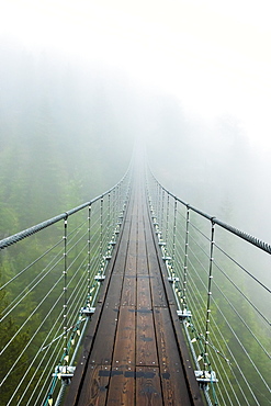 A suspension bridge extends into the mist on a rainy fall day Squamish, British Columbia.