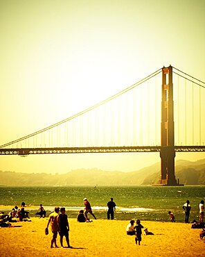 The beach at Chrissy Field with the Golden Gate Bridge in the background. San Francisco, CA