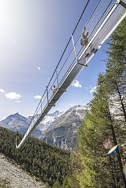 Low angle view of Worlds Longest Pedestrian Suspension Bridge during daytime, Randa, Wallis, Switzerland