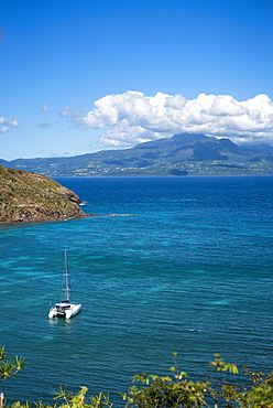 Distant view of catamaran sailing in sea, Bourg de Saintes, Isles des Saintes, Guadeloupe