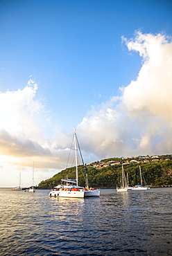 Scenic view of coastline with anchored sailboats, Bouillante, Basse Terre, Guadeloupe