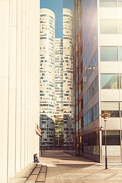 Modern architecture and towers, skyscrapers in La Defense. La Defense is a major business district, three kilometers west of the city limits of Paris, France