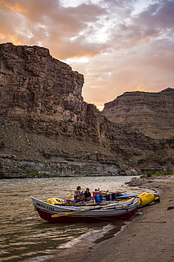 Inflatable rafts at scenic sunset, Desolation/Gray Canyon section, Utah, USA