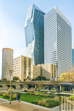 Modern architecture at La Defense district under clear sky, Paris, Ile-de-France, France