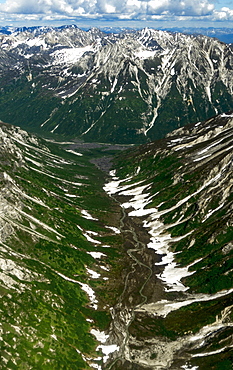 Aerial view of Alaska Range over Denali National Park with Glacier Carved Valley and river, Denali National Park, Alaska, USA