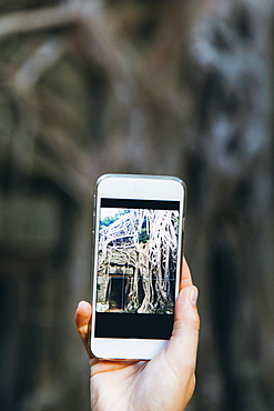 View of temple ruins on smartphone screen held by woman, Siem Reap, Cambodia