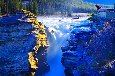 Person Viewing Athabasca Falls In The Early Morning, Jasper National Park, Alberta, Canada