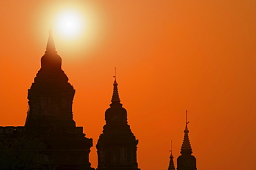 Silhouette Of Stupa Temple At Sunrise In Bagan, Myanmar, Burma