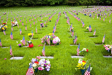 Memorial Flowers And Flags, Graveyard, Oregon, Usa