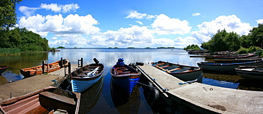 Lough Corrib Near Oughterard, Co Galway, Ireland, Boats Moored On The Lake