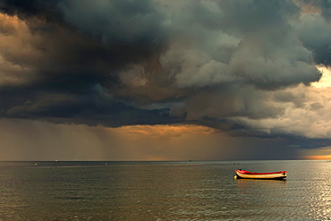 North Sea, Sunderland, Tyne And Wear, England, Dark Clouds And Lone Boat