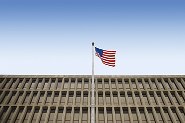 San Antonio, Texas, United States Of America, American Flag In Front Of A Building