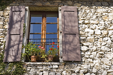 Grenoble, Isère, France, Window Of An Old Stone-Walled European House