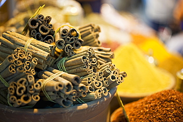 Cinnamon sticks and spices for sale in spice bazaar, Istanbul turkey