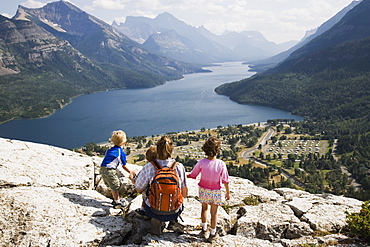 Mother And Children Enjoy View At Waterton Lakes National Park, Alberta Canada