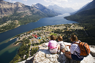 Mother And Children Enjoy View At Waterton Lakes National Park, Alberta Canada