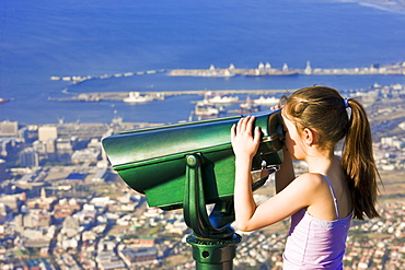 Tourist Looking Through Binoculars At Cape Town, Table Mountain, South Africa