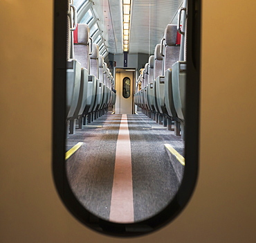 View Of Seating In A Train Through The Window In A Door, Locarno, Ticino, Switzerland