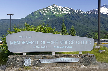 Mendenhall Glacier Visitor Centre Sign At Mendenhall Glacier, Tongass National Forest, Near Juneau, Alaska, United States Of America