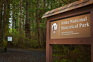 Sitka National Historical Park Sign At Totem Trail, Sitka, Alaska, United States Of America