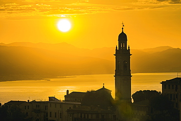 Golden Sky At Dusk With Tower Of Church, San Lorenzo Della Costa, Liguria, Italy