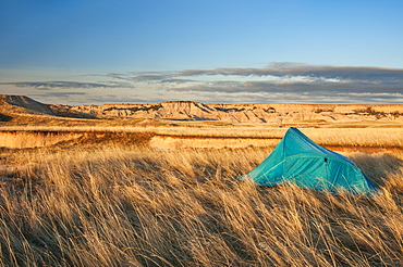 Tent At Camp Site In Sage Creek Wilderness Area, Badlands National Park, South Dakota, United States Of America