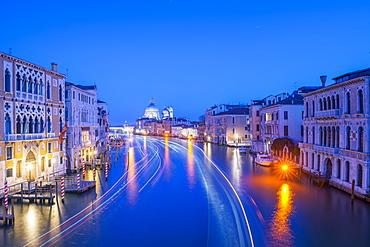 Light Trails On A Canal At Dusk With The Illuminated Salute Church In The Distance, Venice, Veneto, Italy