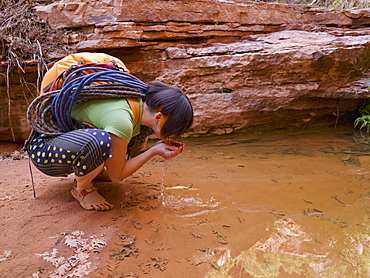 Female Adventurer Drinking From A Desert Oasis, Hanksville, Utah, United States Of America