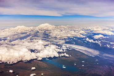 Aerial View Of Mount Mckinley From The West, Lakes And Glaciers, Low Altitude Clouds In The Distance, Denali National Park, Alaska, United States Of America