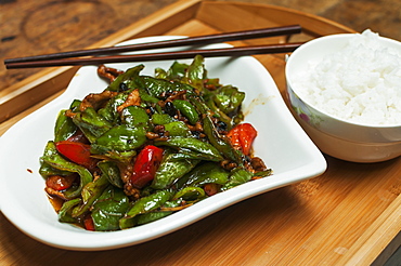 Typical Chinese Green Pepper And Pork Called Huiguorou, Wuhan, Hubei Province, China