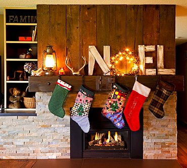 Christmas Decor Around The Fireplace In A Home, Yarrow, British Columbia, Canda