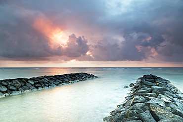 Sunrise In Kapaa Looking Out Over Breakwater, Kapaa, Kauai, Hawaii, United States Of America