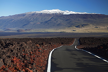 Lava Fields Of Mauna Loa, Mauna Loa Strip Road (Stainback Road), Snowcapped Mauna Kea, Island Of Hawaii, Hawaii, United States Of America