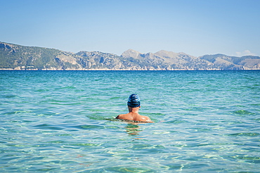 Back Of A Male Swimmer, Cala Sant Joan, Alcudia, Mallorca, Spain