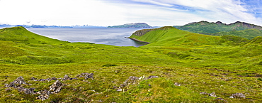 Scenic View Of The Green Bluffs Along The Shore Of Popof Island Near Sand Point, Southwestern Alaska, USA, Summer