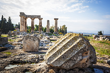 Stone Ruins With Columns And A Boulder, Corinth, Greece