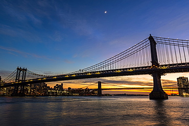 Manhattan And Brooklyn Bridges At Twilight, New York City, New York, United States Of America