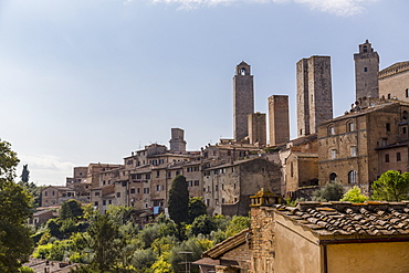 A Rooftop Viewpoint Of The Walled Medieval Village Of San Gimignano In The Province Of Siena, San Gimignano, Siena, Tuscany, Italy